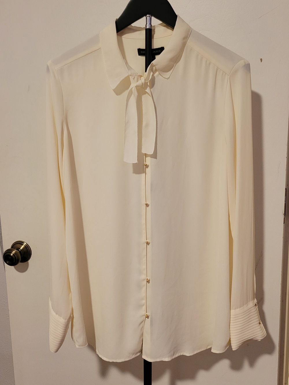 Banana Republic Ivory Tie-Neck Blouse with Gold Buttons